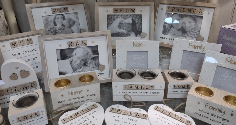 wooden photo frames and candle holders